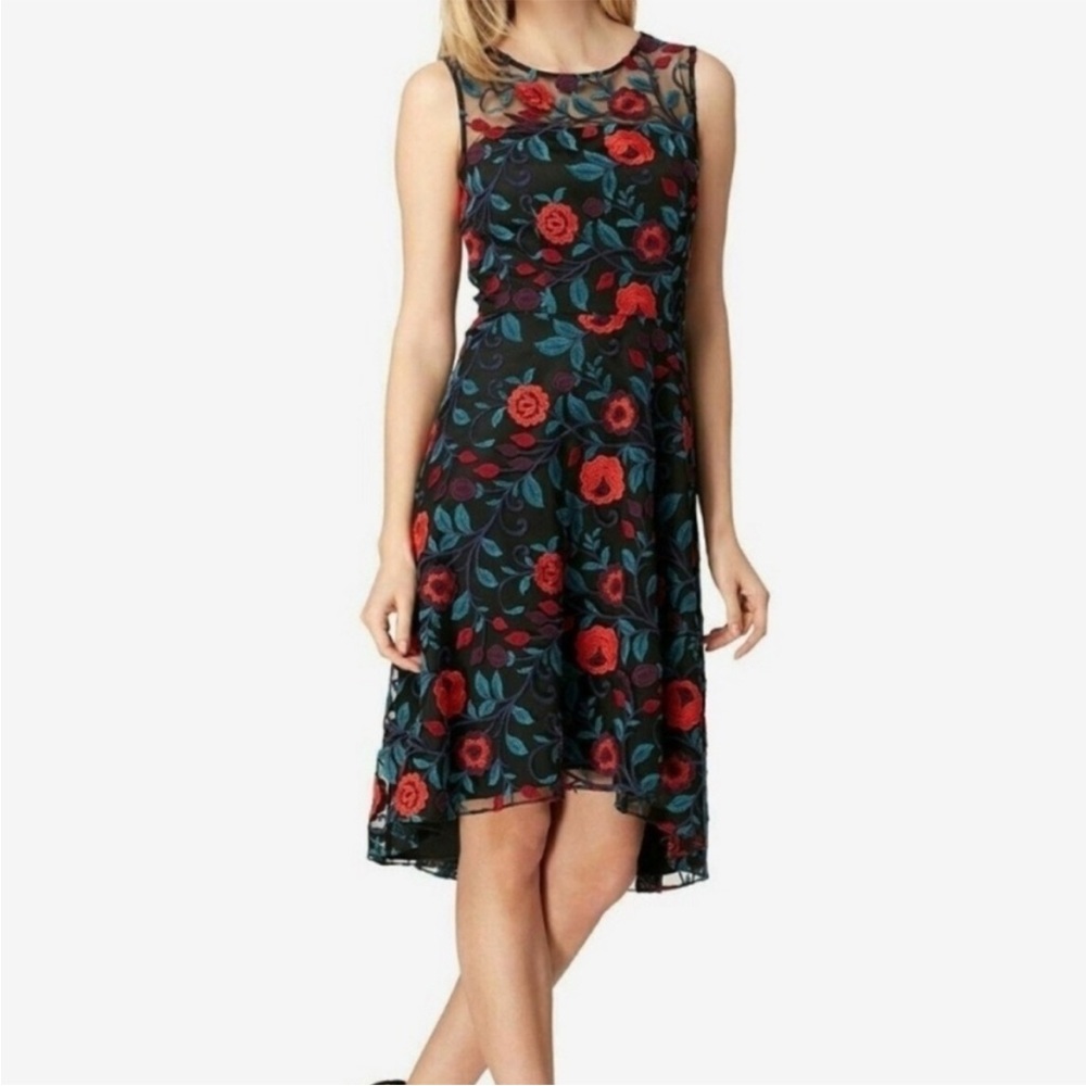 Tahari ASL Black Floral Asymmetrical Dress - Picture 2 of 6